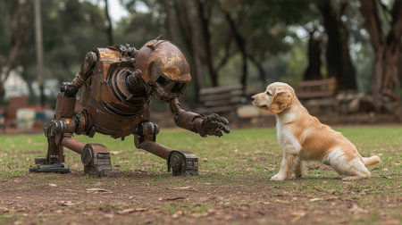 Robot and puppy meet in a park, nature backgroundの素材