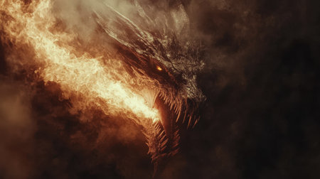 Fiery dragon exhaling flames in dark fantasy artの素材