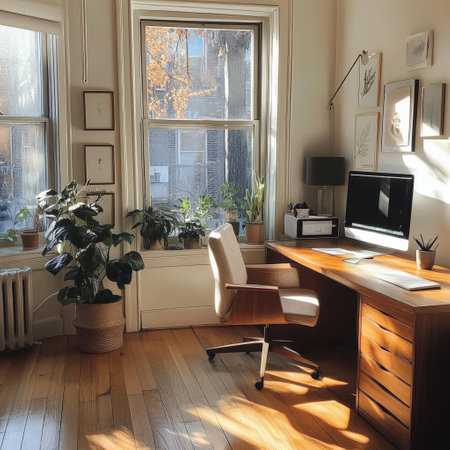 Cozy home office with wooden furniture and large windowsの素材