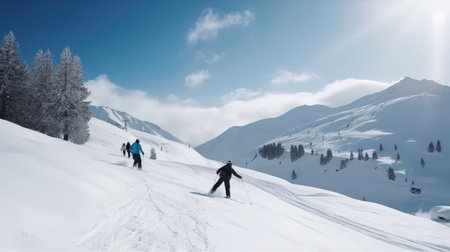 Skiers gliding down snowy mountain on a sunny dayの素材