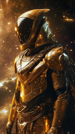 Futuristic astronaut in gold armor against starry cosmos backgroundの素材