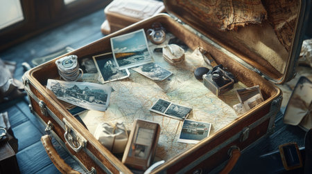 Open suitcase with vintage travel photographs and mapsの素材