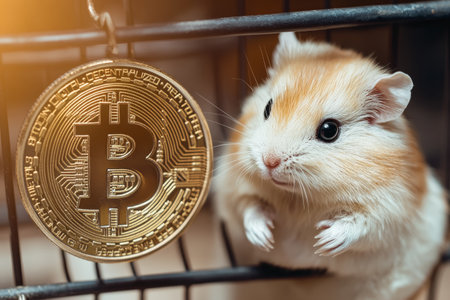 Hamster with Bitcoin coin in cage, concept of cryptocurrencyの素材