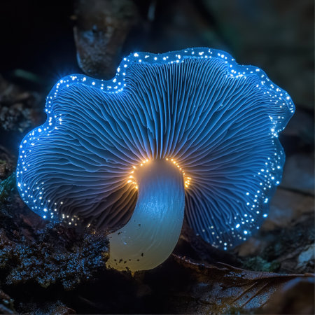 Bioluminescent mushroom glowing in blue light in dark forestの素材