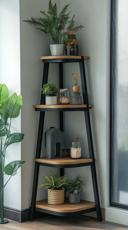 Stylish corner shelf with indoor plants and decor itemsの素材