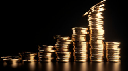 Rows of stacked gold coins on black backgroundの素材
