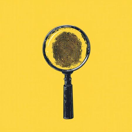 Magnifying glass over fingerprint illustration on yellow backgroundの素材