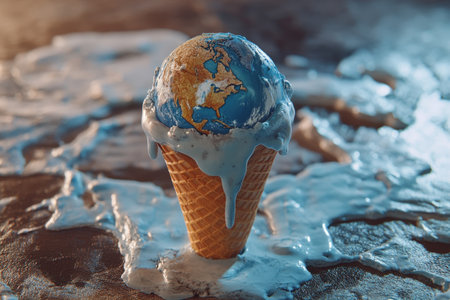 Melting ice cream Earth symbolizing climate emergencyの素材