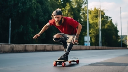 Bearded skateboarder with prosthetic leg skating on open roadの素材