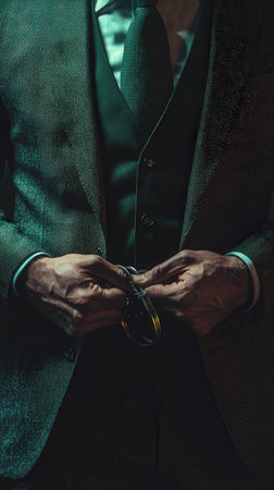 Hands of a man in a suit holding keys in dim lightの素材
