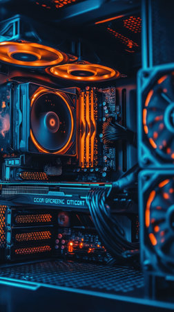 Close-up of illuminated gaming computer setupの素材