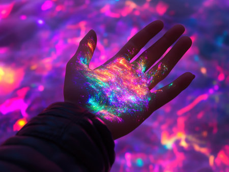 Neon-lit hand with vibrant cosmic reflectionsの素材