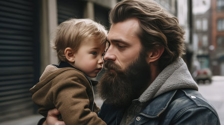 Bearded man holding child in an urban setting, family bondingの素材
