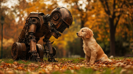 Robot and puppy bond in an autumn park settingの素材