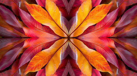 Abstract arrangement of vibrant autumn leaves in symmetrical patternの素材