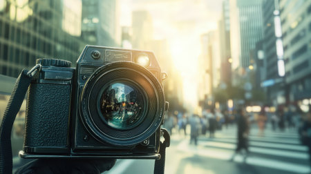 Vintage camera held with urban street scene in backgroundの素材