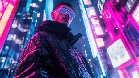 Stylish man in futuristic cityscape with neon lightsの素材