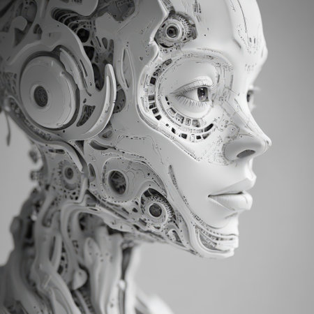 Minimalist white cyborg head with intricate designsの素材