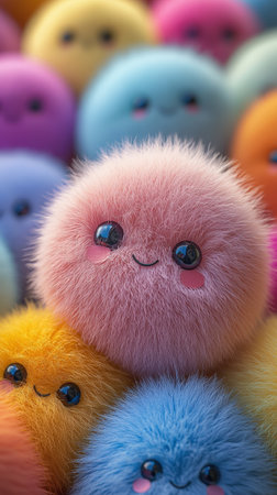 Cute pastel-colored furry balls with smiling facesの素材