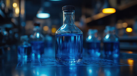 Laboratory vial with blue liquid in moody lightingの素材