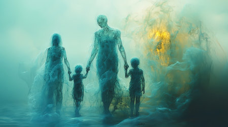 Family figures in mystical fog, holding hands, surreal conceptの素材