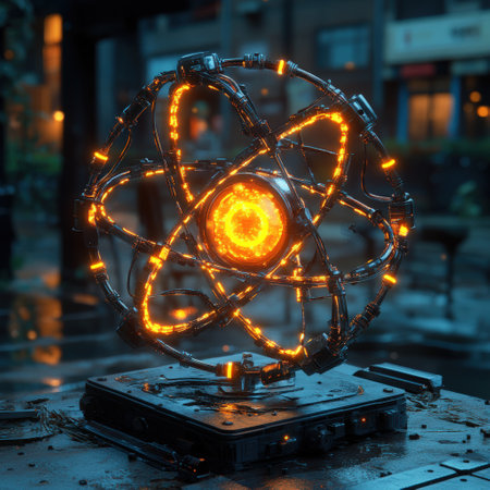 Glowing atomic art installation in urban settingの素材