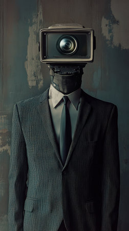 Robotic man with vintage camera screen head in suitの素材