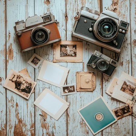 Retro cameras and vintage photos on distressed woodの素材