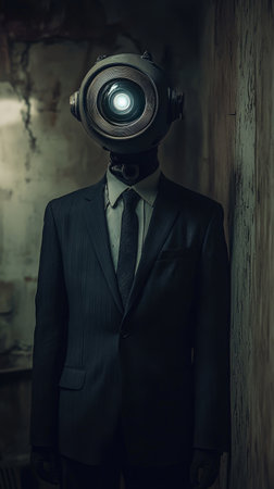 Futuristic man with camera lens head in industrial settingの素材