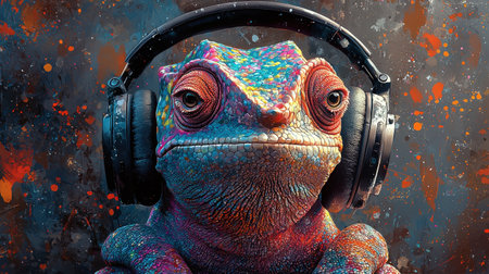 Front-facing colorful chameleon with headphones, intense gazeの素材