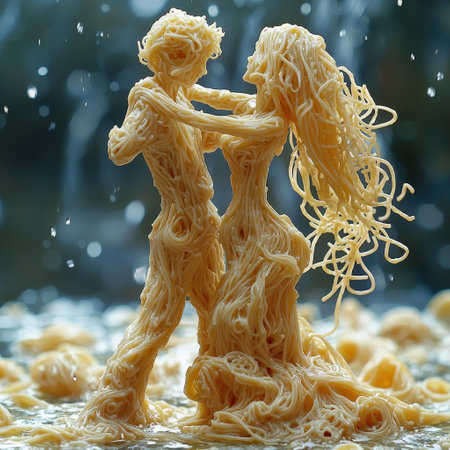 Pasta couple dancing in rain-inspired settingの素材