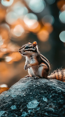 Chipmunk perched on rock with blurred autumn backdropの素材