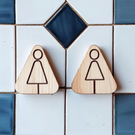 Wooden restroom sign with triangle designの素材