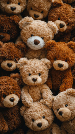 Group of fluffy teddy bears in various brown shadesの素材