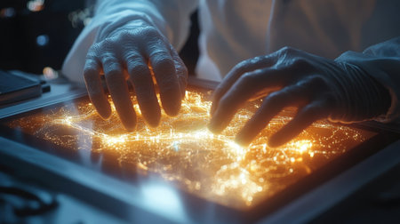 Gloved hands examining illuminated digital map on touchscreenの素材