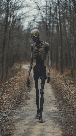 AI-generated skeletal figure in barren winter forestの素材
