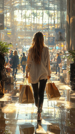 Woman shopping in luxurious indoor mall with bagsの素材