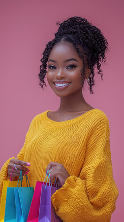 Woman holding shopping bags with bright background and joyful smileの素材