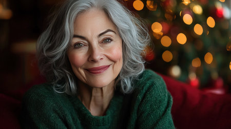 Smiling Elderly Woman in Cozy Holiday Settingの素材