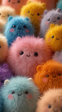 Adorable fluffy plush toys in vibrant colors, close-up viewの素材