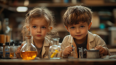 Young children exploring science in lab environmentの素材
