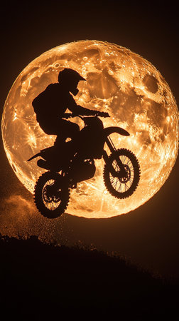 Motocross silhouette performing a jump under large moonの素材