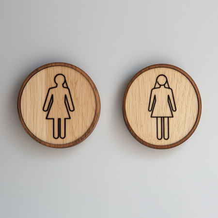 Wooden restroom signs for women, circular shape, minimalist styleの素材