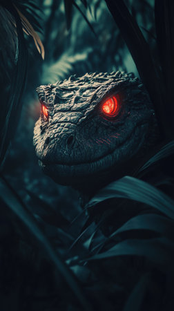 Reptilian creature with glowing red eyes hidden in dark jungleの素材