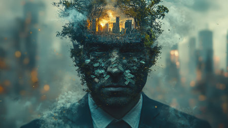 Surreal man with urban landscape and currency collageの素材