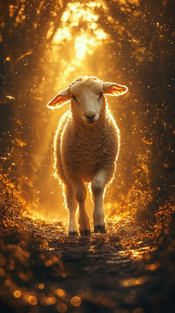 Lamb walking through forest illuminated by golden sunlightの素材