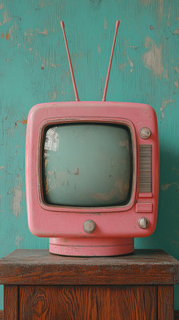 Retro pink television with antennas on wooden tableの素材