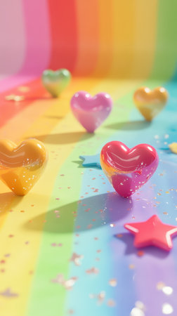Shiny heart ornaments on a soft pastel rainbow surfaceの素材