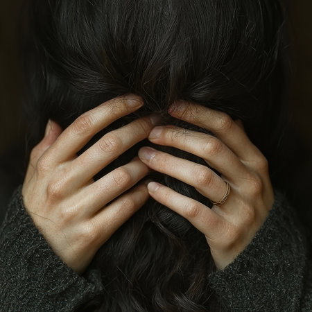 Woman covering face with hands in intimate poseの素材