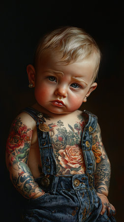 Thoughtful tattooed baby in denim overalls portraitの素材